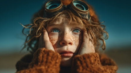 Portrait of a freckled child with pilot hat and gogglesの素材