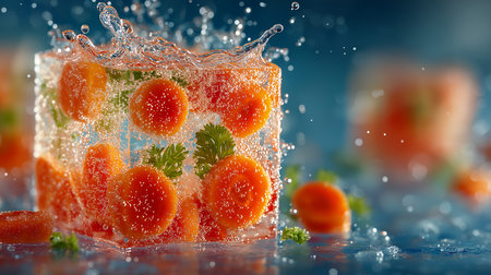 Frozen tomatoes in ice cubes with splashes of water on blue backgroundの素材