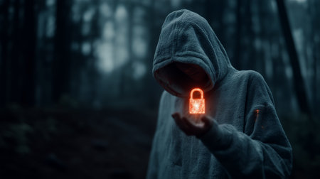 Hooded man in a dark forest with a glowing red lockの素材