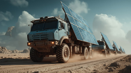 3d rendering of a green truck with solar panels on the groundの素材