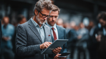 Serious mature businessman using digital tablet while standing among crowd of peopleの素材