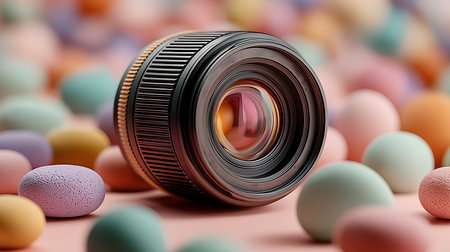 Vintage camera lens and colorful easter eggs, 3d renderの素材