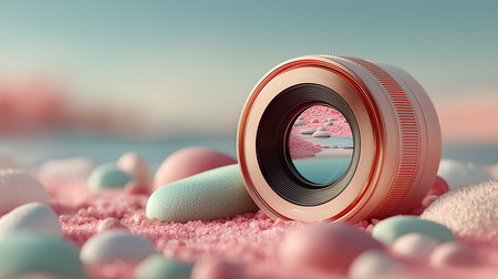 3d rendering of a camera lens on pink sand with a lake in the backgroundの素材