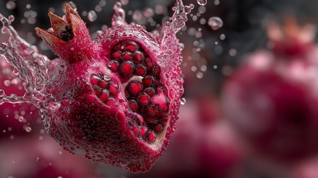 pomegranate fruit in water splashes on a black backgroundの素材