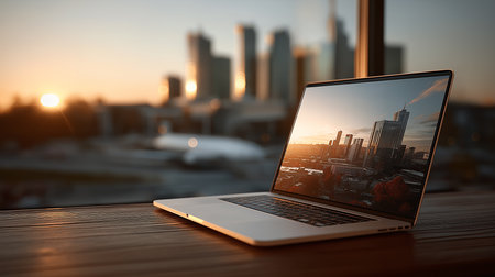 Laptop on wooden table with modern city view at sunset 3D renderingの素材