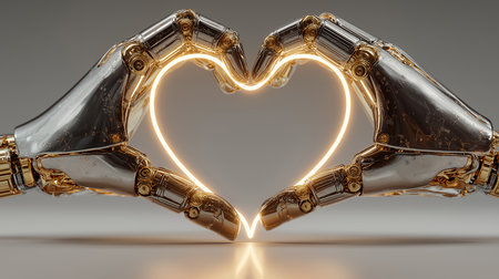 Close up of robot arm holding heart shaped light bulb. 3D renderingの素材
