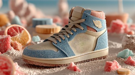 Blue baby booties and candies on the beach. 3d renderingの素材