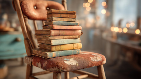 Pile of old books on a chair in a vintage room.の素材