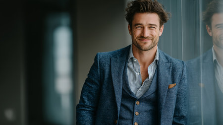 portrait of handsome young businessman in suit looking at camera in officeの素材