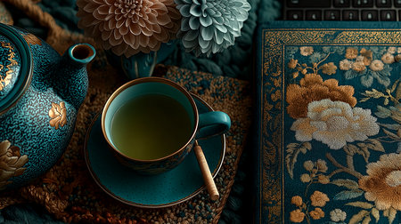 Cup of green tea with a teapot on the background of the book.の素材