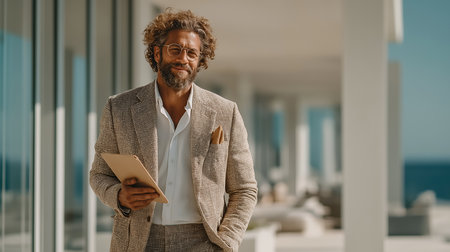 Portrait of handsome African-American businessman using digital tablet while standing in luxury hotelの素材