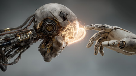 Robot hand touching human skull on dark background. 3d renderingの素材