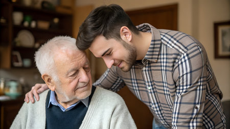 Portrait of an elderly father and his adult son at home.の素材