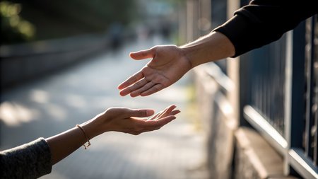 Woman and man hands reaching out for help or support each other.の素材