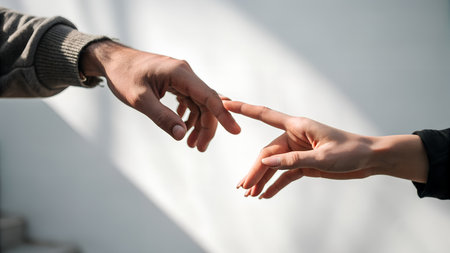Close-up of a man and woman holding hands on white backgroundの素材
