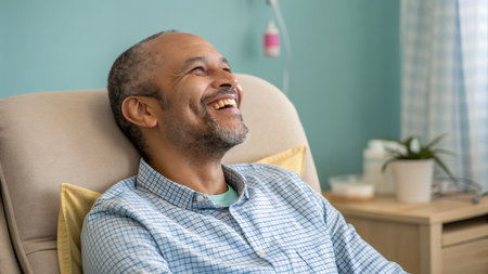 Portrait of smiling mature man sitting in armchair in hospital wardの素材