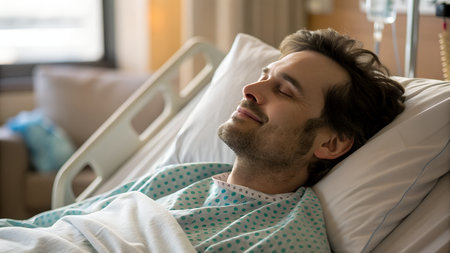 Handsome man lying on hospital bed in ward and looking awayの素材