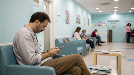 Side view of a man using mobile phone in waiting room at hospitalの素材
