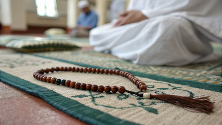Religious muslim man praying with rosary beads in mosqueの素材