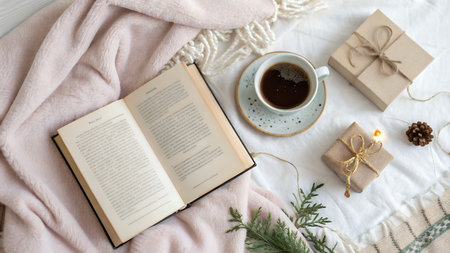 Cup of coffee, book, gift box and knitted blanket on the bed. Cozy winter concept.の素材