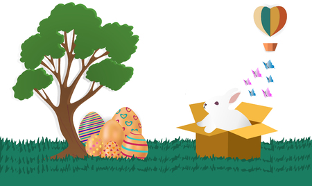 Happy Easter with rabbits being out of the box and colorful eggs. Paper art style, vector images - vectorのイラスト素材