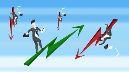 Businessmen are happy with the stock. Green arrow With the other side of the businessmen who are stressed and the stock falls, with an arrow pointing down in red. Illustrations - vectorのイラスト素材