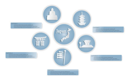 Japan with famous Japanese landmarks Stylish web design, vector illustration, paper-vector cuttingのイラスト素材