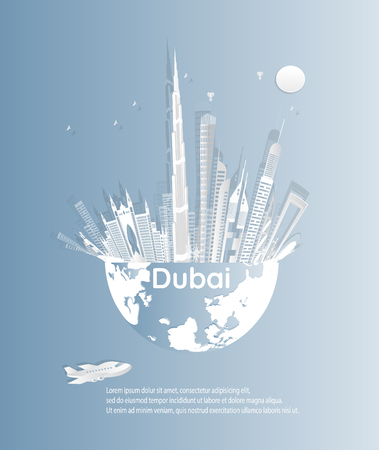 Dubai city skyline on earth in paper cut style vector, Blue background - illustration  Vectorのイラスト素材