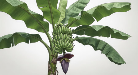A high-quality 3D render of a vibrant banana tree featuring a bunch of green bananas and its distinctive flower. This realistic and clean design is perfect for commercial use and stock imagery, showcasing an isolated object on a transparent background.の素材
