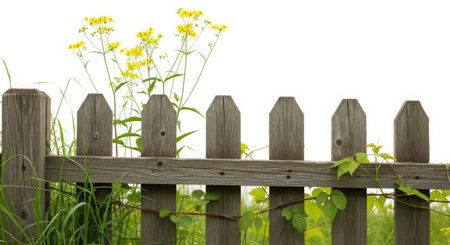 A high-quality 3D render showcasing a rustic wooden picket fence with weathered planks and vibrant green foliage. This realistic and clean design is perfect for commercial use, stock imagery, or as a visual asset for various projects, featuring an isolated object on a transparent background.の素材