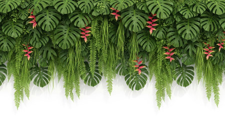 A high-quality 3D render showcasing a vibrant and lush tropical greenery wall, featuring large monstera leaves and cascading ferns, accented with striking red bromeliad flowers. This realistic and clean design is perfect for commercial use and stock imagery, depicting an isolated object on a transparent background.の素材