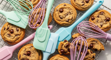 A collection of freshly baked chocolate chip cookies arranged with colorful silicone spatulas and whisks on a metal cooling rack.の素材