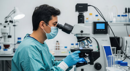 A researcher wearing protective gear meticulously studies a sample using advanced scientific equipment in a sterile environment.の素材
