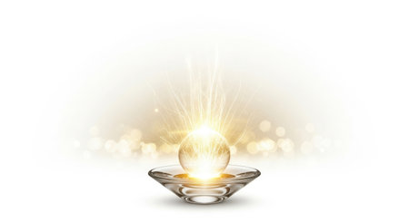 A radiant crystal base emits a bright, warm light with shimmering particles and ethereal rays, creating a magical atmosphere.の素材