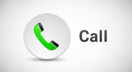 A bright green telephone handset symbol is presented next to the word 'Call' on a light textured background.の素材