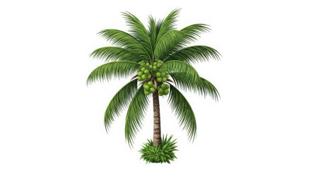 A high-quality 3D render of a lush tropical coconut palm tree, showcasing its realistic textures and vibrant green foliage. This clean design is perfect for commercial use and stock imagery, featuring an isolated object on a transparent background.の素材