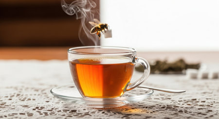A clear glass mug holds warm amber-colored tea, with steam rising. A sugar cube is suspended above the liquid.の素材