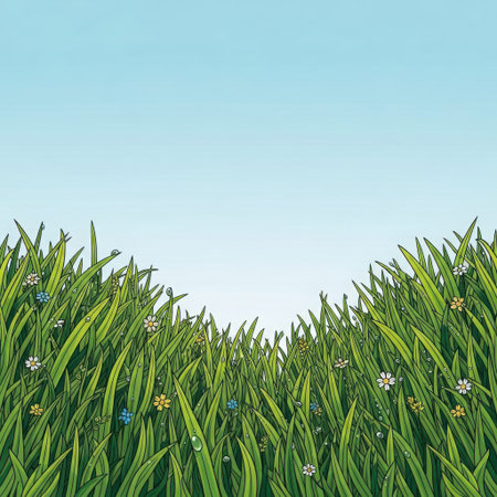 Close-up view of lush green grass blades with small white flowers, set against a bright, cloudless sky.の素材