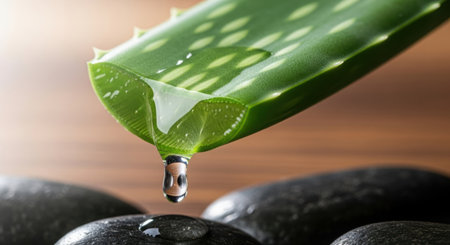 A close-up shot of a vibrant green aloe vera leaf with clear gel dripping onto dark, wet spa stones.の素材