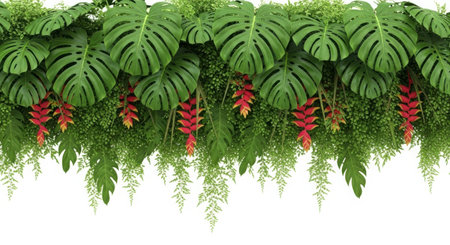 A high-quality 3D render showcasing lush tropical foliage and vibrant red Heliconia flowers, with a realistic reflection. This clean, high-resolution render is perfect for commercial use and stock imagery, featuring an isolated object on a transparent background.の素材