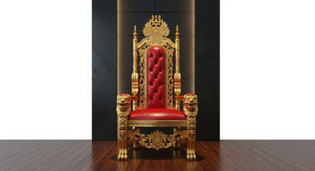 A majestic, elaborately decorated throne featuring rich red upholstery and gleaming gold accents, symbolizing power and royalty.の素材