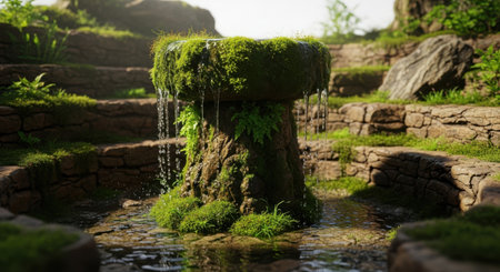 A high-quality 3D render showcasing a realistic moss-covered stone fountain with cascading water droplets. This clean and detailed design is perfect for commercial use and stock imagery, featuring an isolated object on a transparent background.の素材