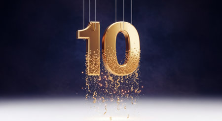 A gleaming golden numeral ten disintegrates into a cascade of shimmering particles against a deep, moody backdrop.の素材