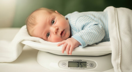 A precious infant lies on a white scale, swaddled in a cozy blanket, with a gentle gaze.の素材