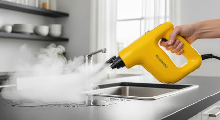 A bright yellow steam cleaner emits a powerful cloud of steam, sanitizing a stainless steel kitchen sink and countertop.の素材