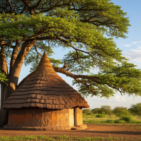 A traditional thatched dwelling sits peacefully under the expansive branches of a large acacia tree, set against a backdrop of rolling plains.の素材