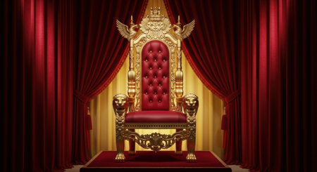 A majestic, richly decorated throne sits upon a raised platform, framed by luxurious red curtains and golden accents.の素材