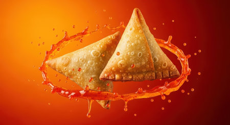 Two golden brown samosas are captured mid-air, surrounded by a dynamic splash of vibrant orange sauce.の素材