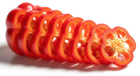 A bright red bell pepper is precisely sliced into uniform rings, showcasing its fresh texture and vibrant color.の素材