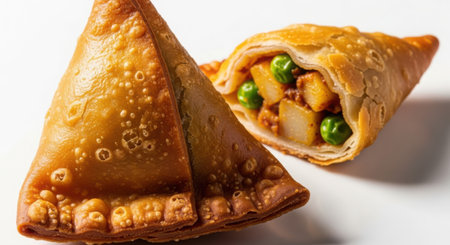 Crispy, golden brown samosas showcasing a delicious filling of potatoes, peas, and aromatic spices. A popular fried pastry.の素材